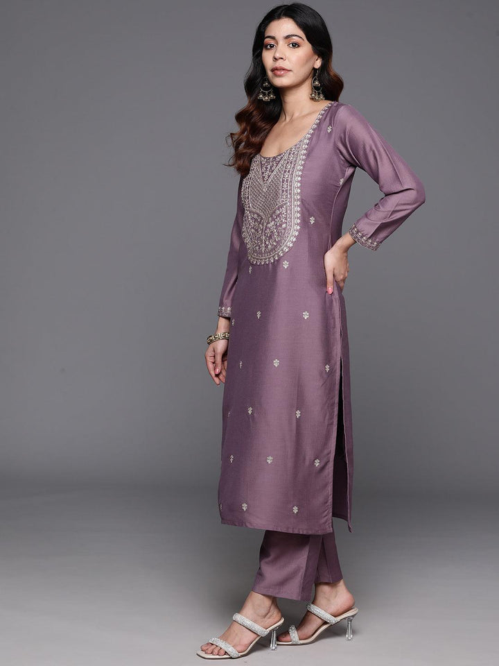 Mauve Yoke Design Silk Blend Straight Kurta With Trousers & Dupatta - ShopLibas