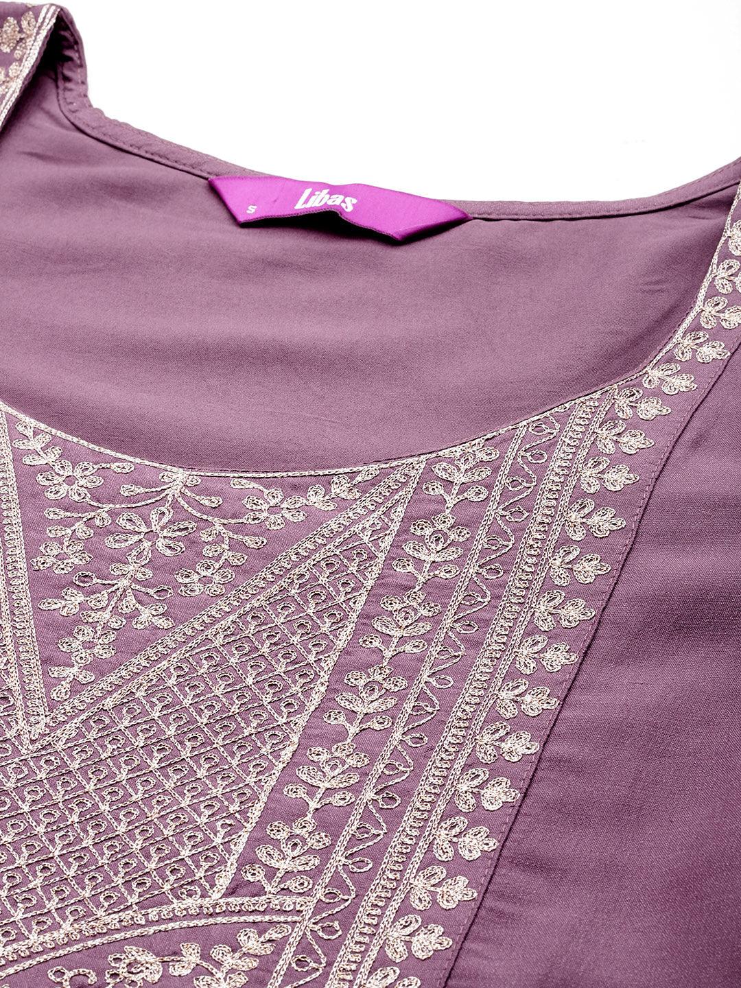 Mauve Yoke Design Silk Blend Straight Kurta With Trousers & Dupatta - ShopLibas