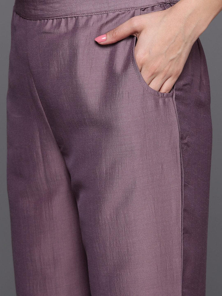 Mauve Yoke Design Silk Blend Straight Kurta With Trousers & Dupatta - ShopLibas