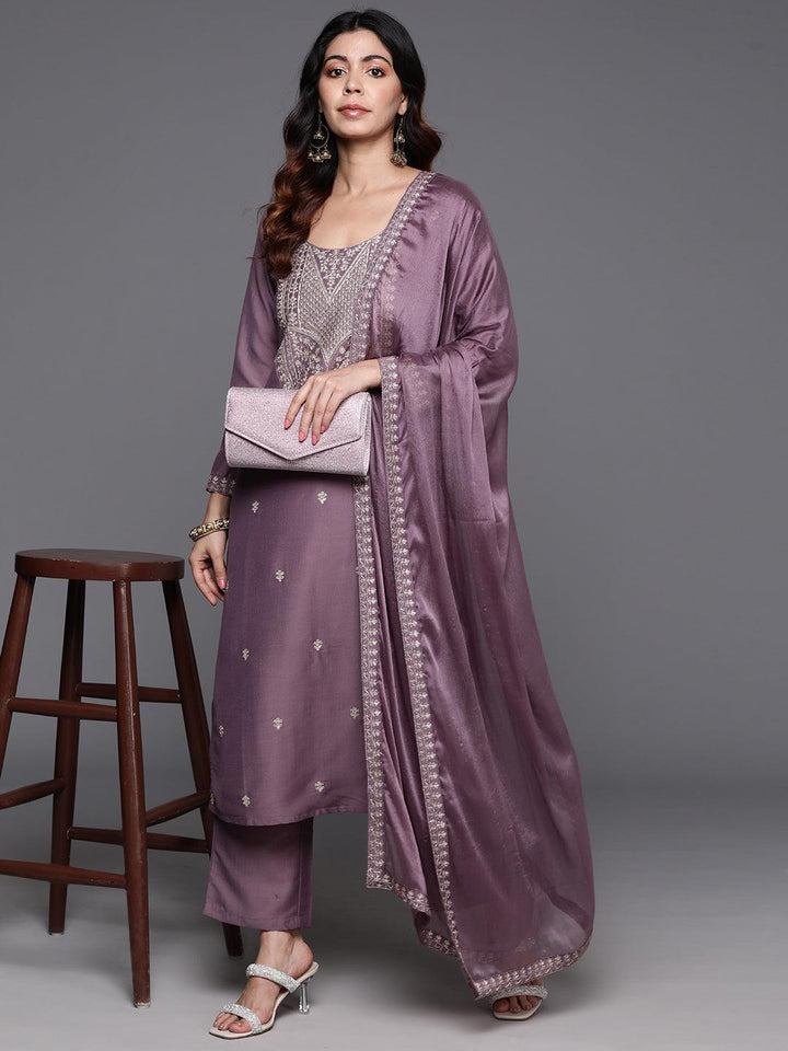 Mauve Yoke Design Silk Blend Straight Kurta With Trousers & Dupatta - ShopLibas