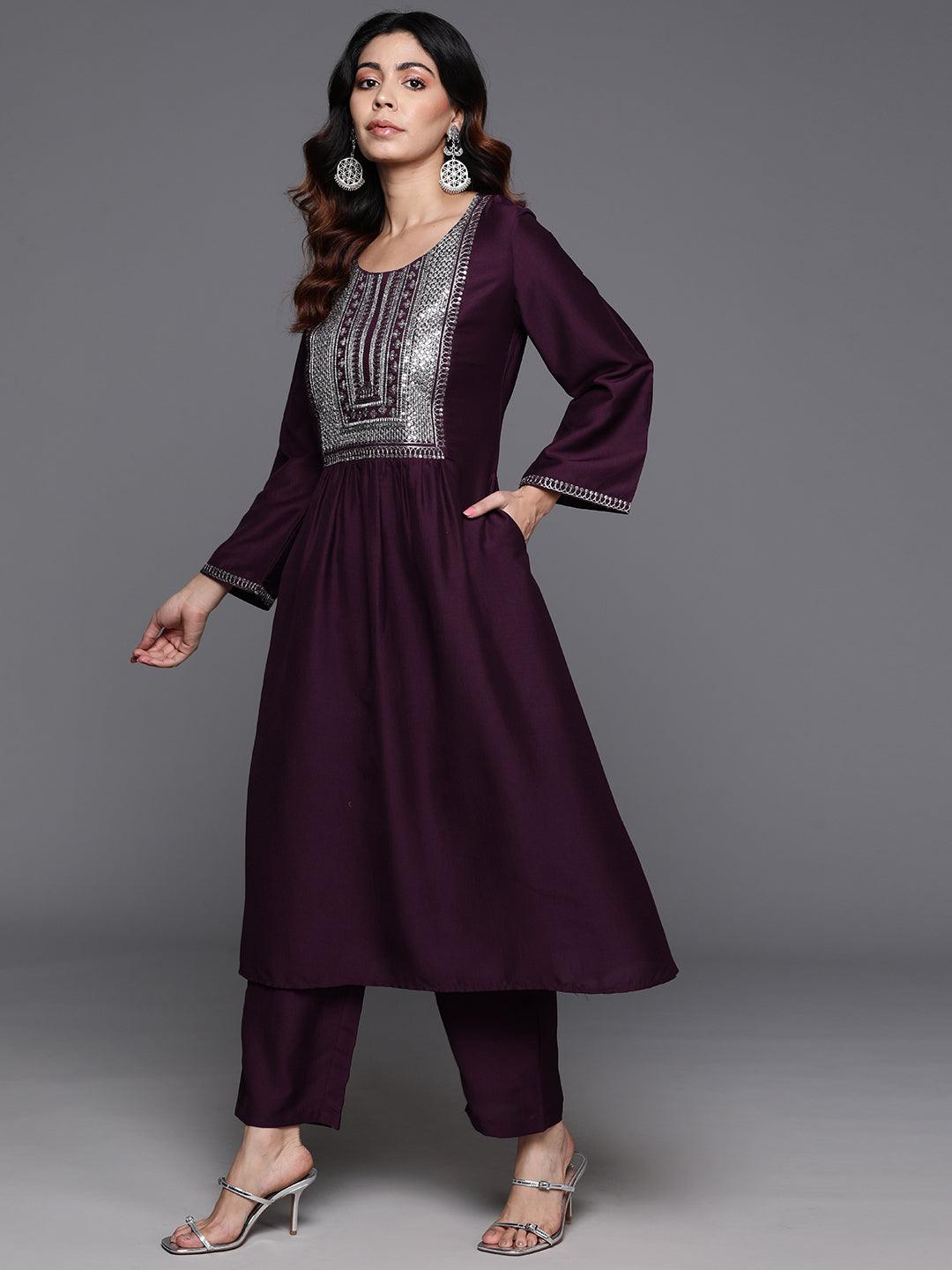 Wine Yoke Design Silk Blend A-Line Kurta With Trousers & Dupatta - ShopLibas