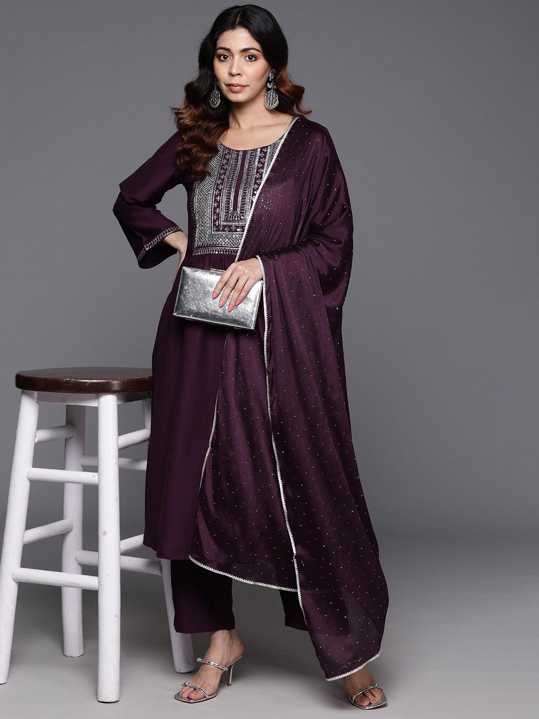 Wine Yoke Design Silk Blend A-Line Kurta With Trousers & Dupatta - ShopLibas