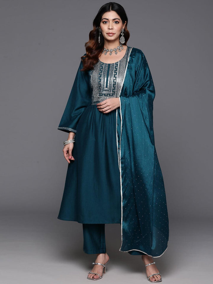 Teal Yoke Design Silk Blend A-Line Kurta With Trousers & Dupatta - ShopLibas