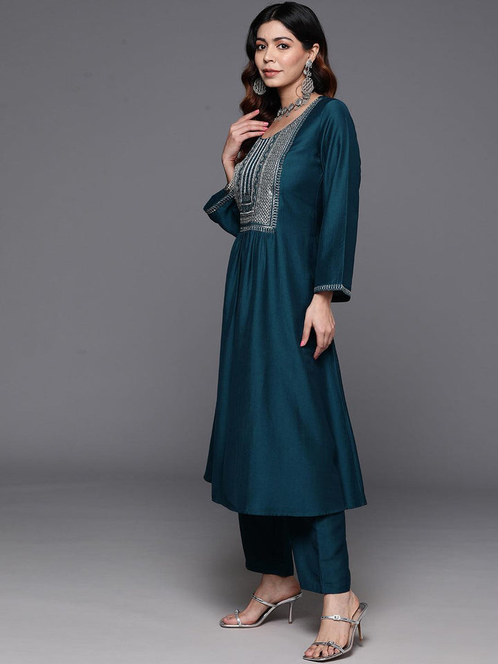 Teal Yoke Design Silk Blend A-Line Kurta With Trousers & Dupatta - ShopLibas