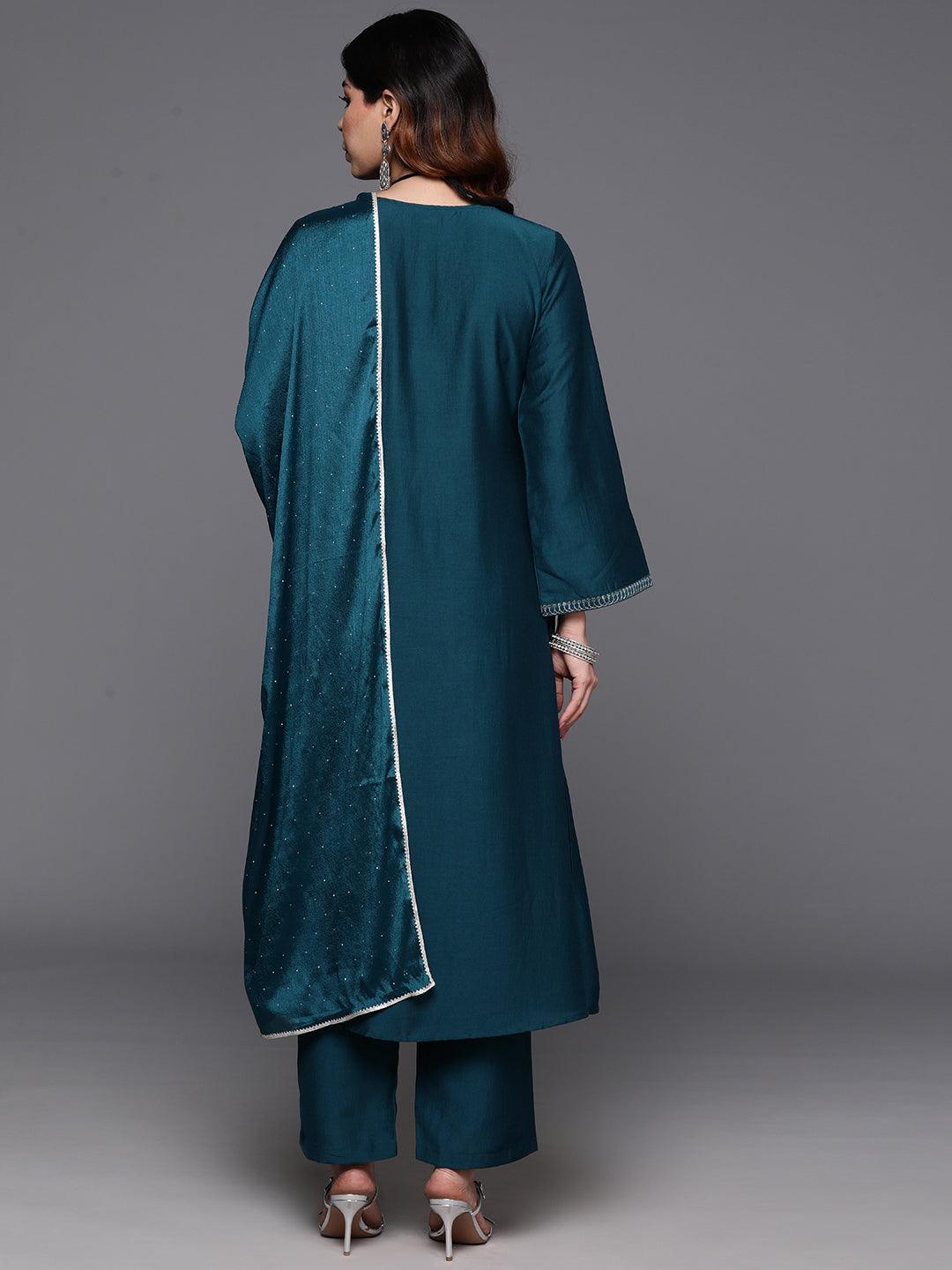 Teal Yoke Design Silk Blend A-Line Kurta With Trousers & Dupatta - ShopLibas