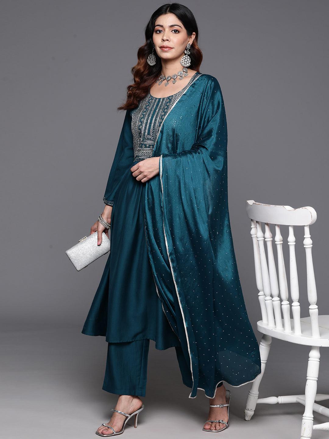 Teal Yoke Design Silk Blend A-Line Kurta With Trousers & Dupatta - ShopLibas