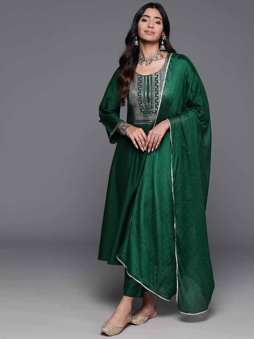 Green Yoke Design Silk Blend A-Line Kurta With Trousers & Dupatta - ShopLibas