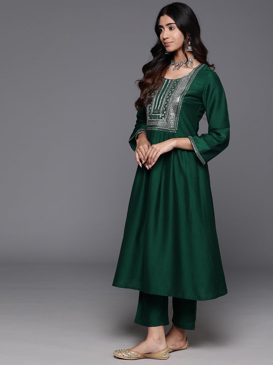 Green Yoke Design Silk Blend A-Line Kurta With Trousers & Dupatta - ShopLibas