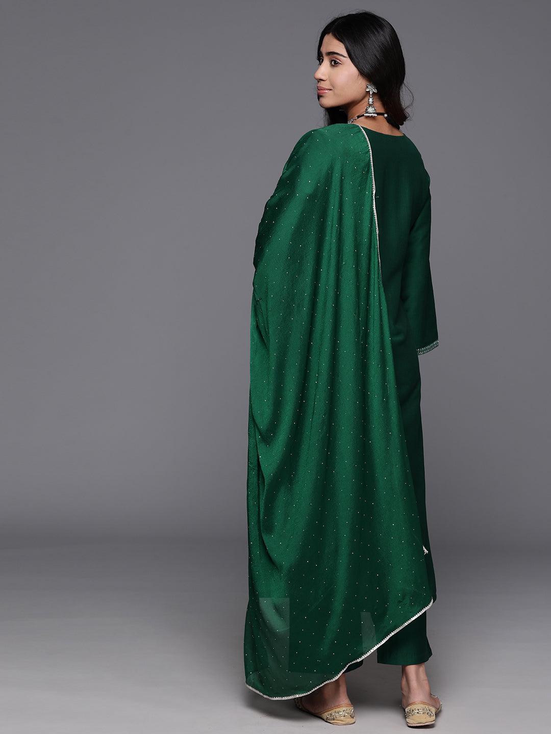 Green Yoke Design Silk Blend A-Line Kurta With Trousers & Dupatta - ShopLibas