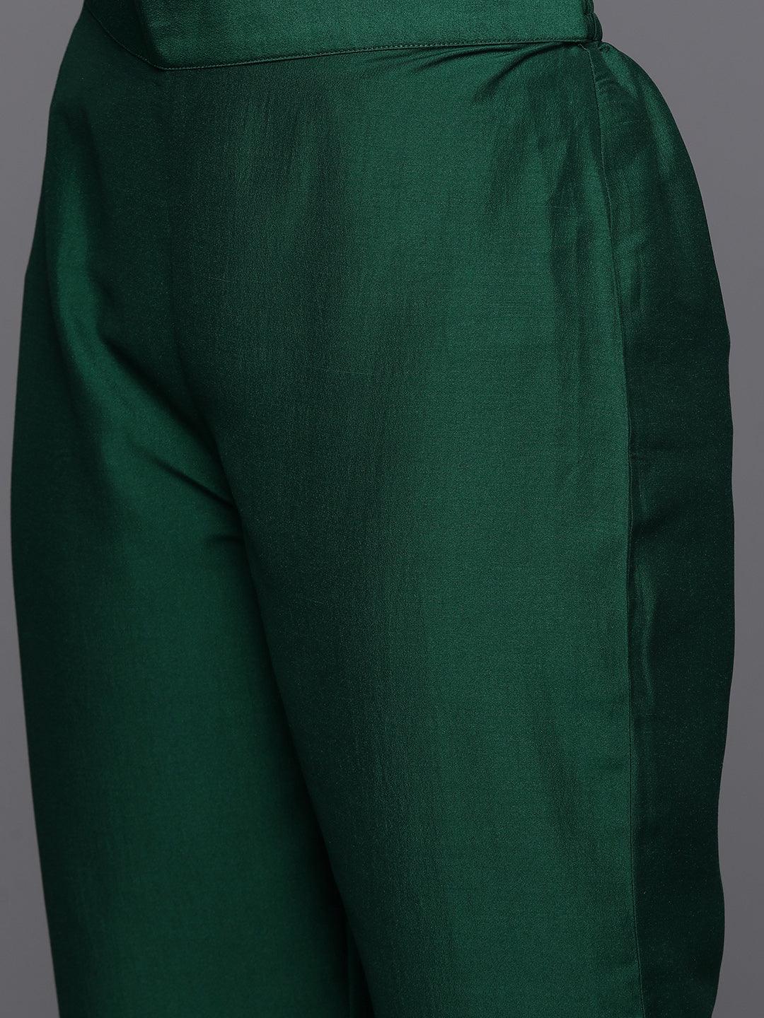 Green Yoke Design Silk Blend A-Line Kurta With Trousers & Dupatta - ShopLibas