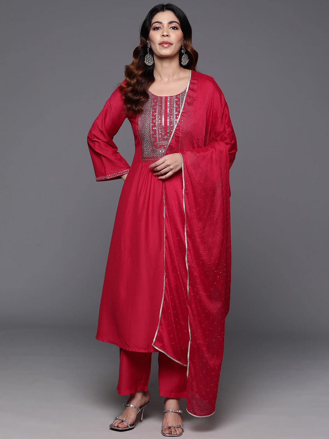 Pink Yoke Design Silk Blend A-Line Kurta With Trousers & Dupatta - ShopLibas