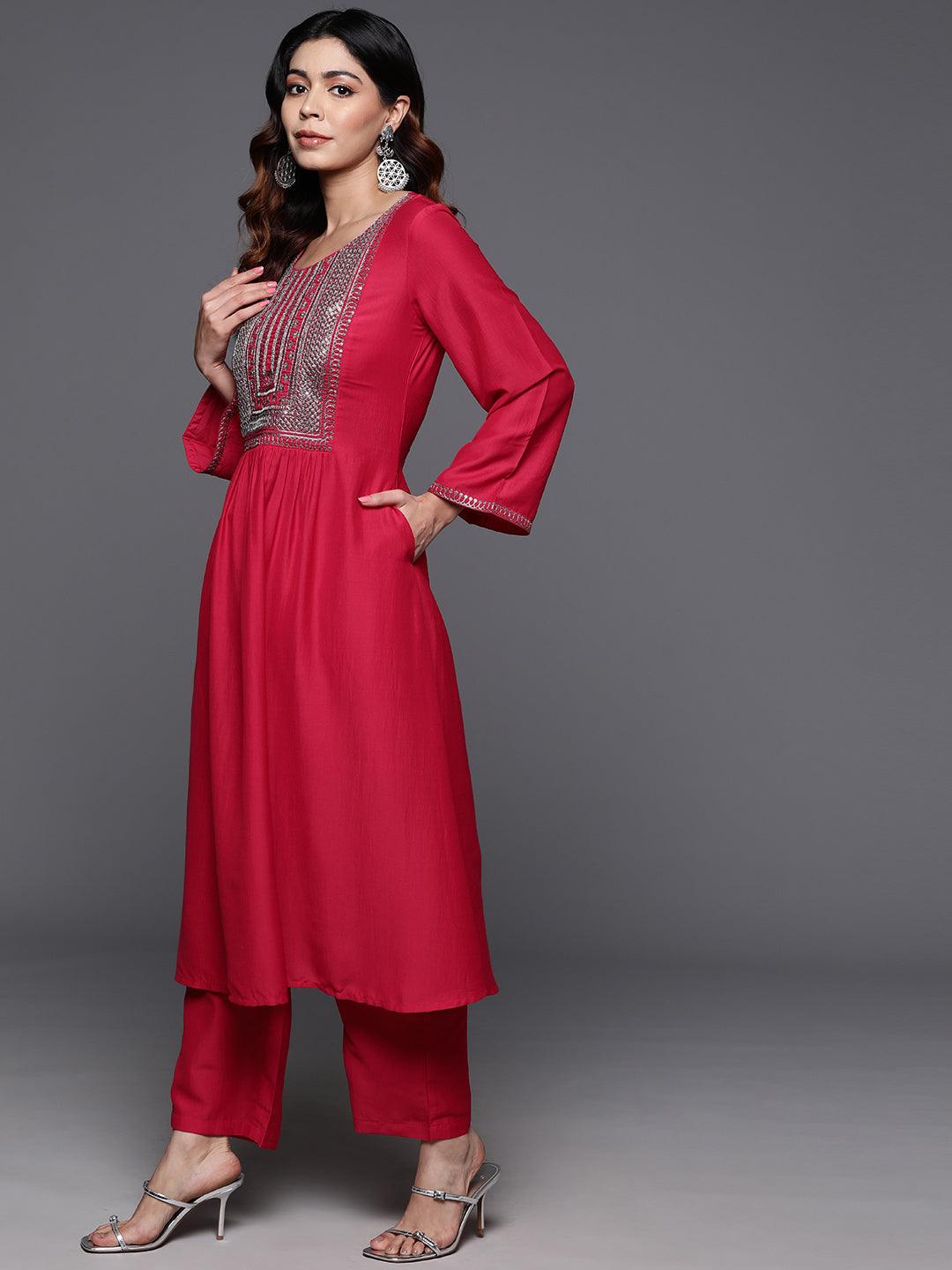 Pink Yoke Design Silk Blend A-Line Kurta With Trousers & Dupatta