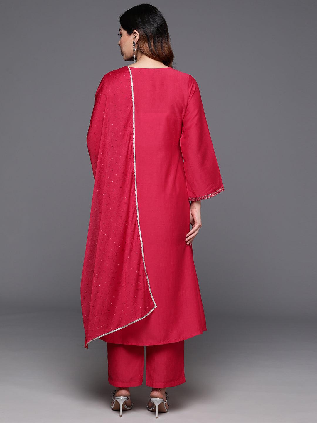 Pink Yoke Design Silk Blend A-Line Kurta With Trousers & Dupatta