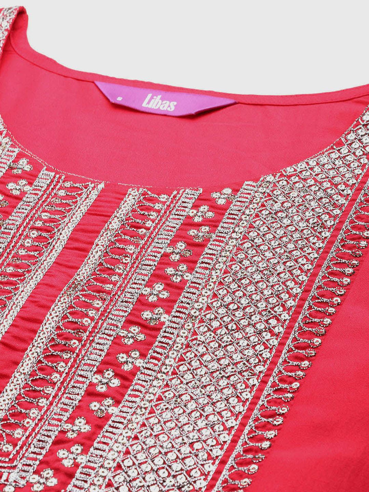 Pink Yoke Design Silk Blend A-Line Kurta With Trousers & Dupatta - ShopLibas