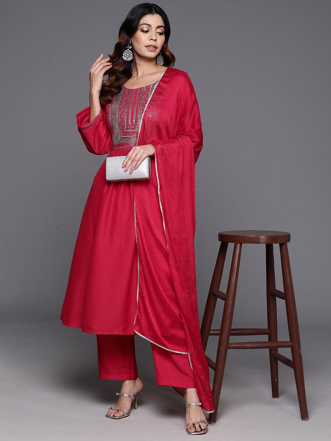 Pink Yoke Design Silk Blend A-Line Kurta With Trousers & Dupatta - ShopLibas