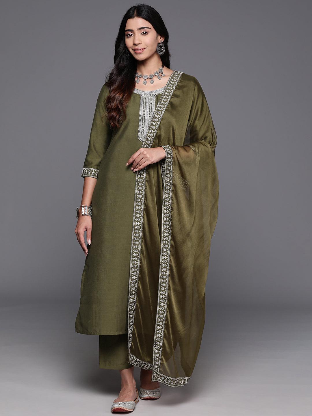 Olive Yoke Design Silk Blend Straight Kurta With Trousers & Dupatta - ShopLibas