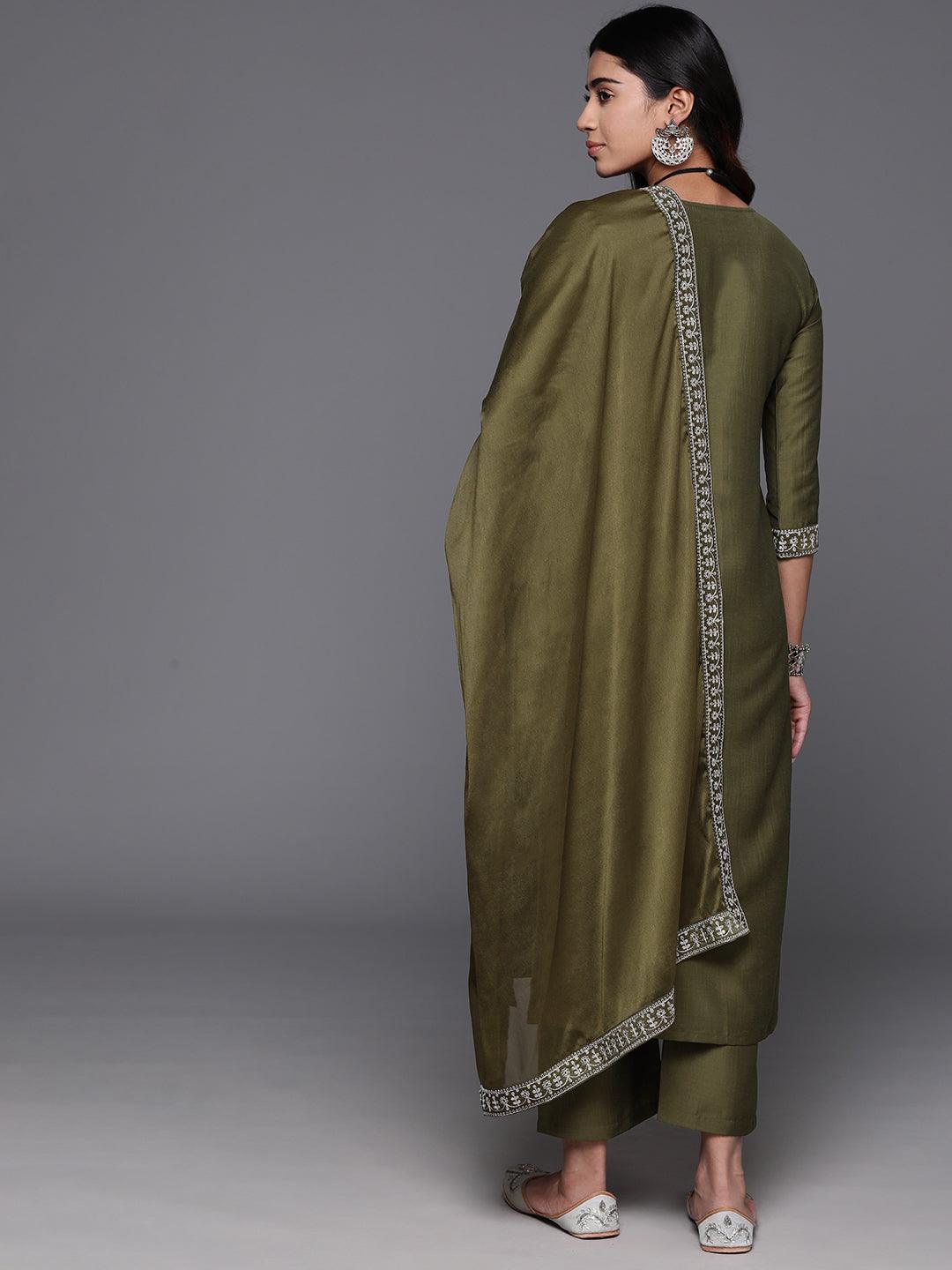 Olive Yoke Design Silk Blend Straight Kurta With Trousers & Dupatta - ShopLibas