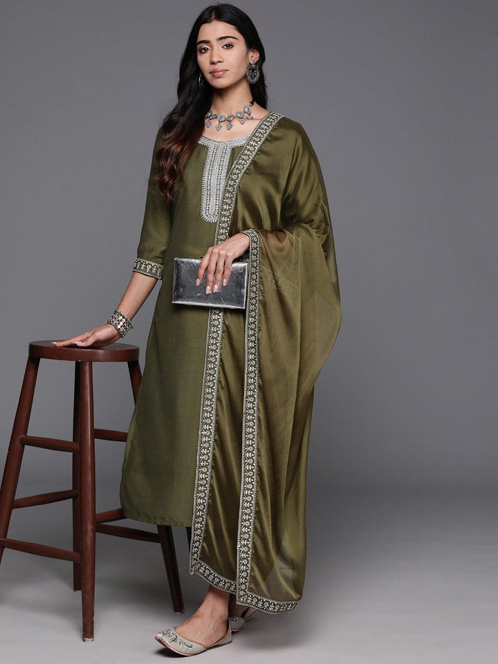 Olive Yoke Design Silk Blend Straight Kurta With Trousers & Dupatta - ShopLibas