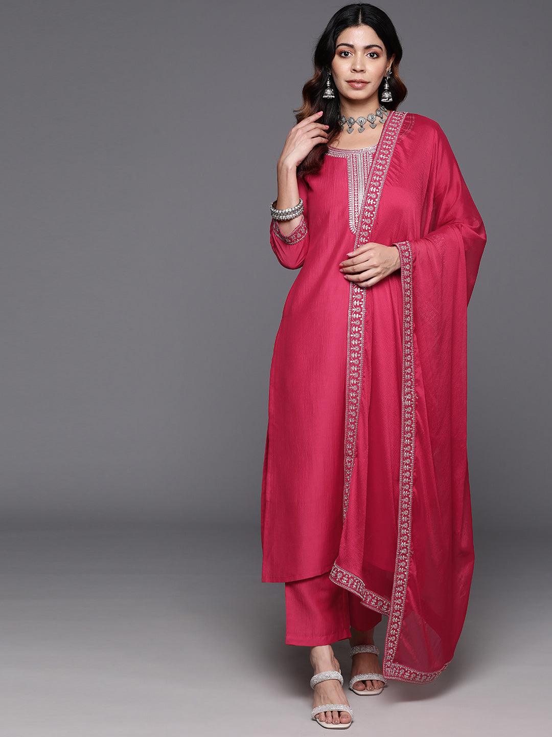 Pink Yoke Design Silk Blend Straight Kurta With Trousers & Dupatta - ShopLibas