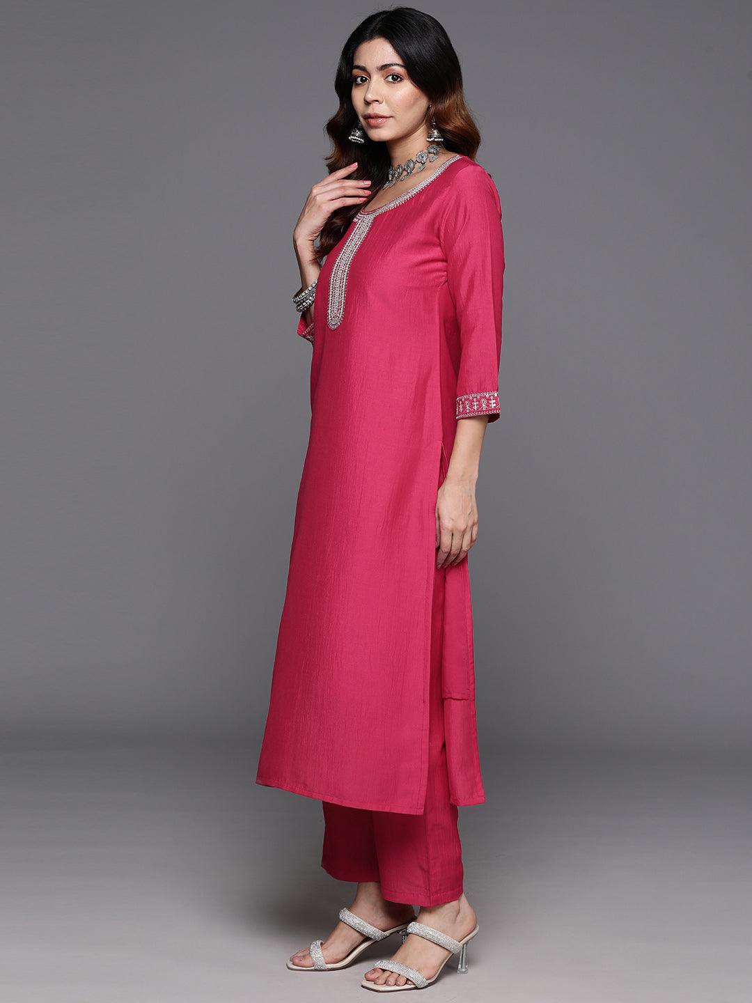 Pink Yoke Design Silk Blend Straight Kurta With Trousers & Dupatta - ShopLibas