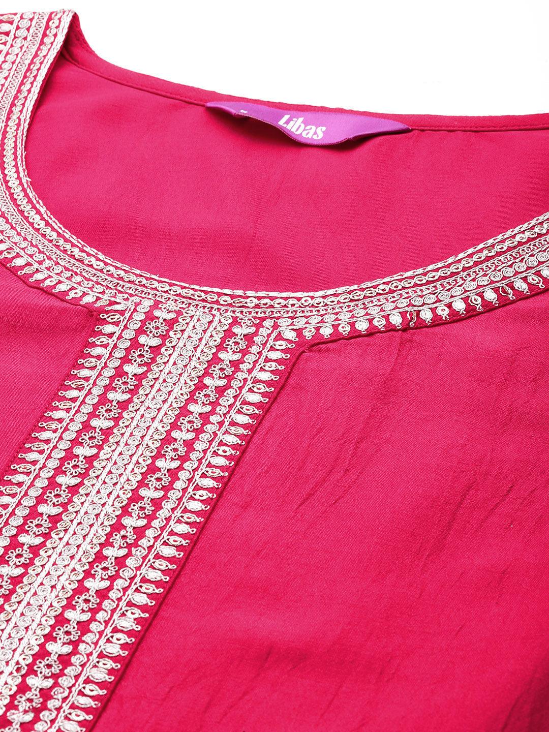 Pink Yoke Design Silk Blend Straight Kurta With Trousers & Dupatta - ShopLibas