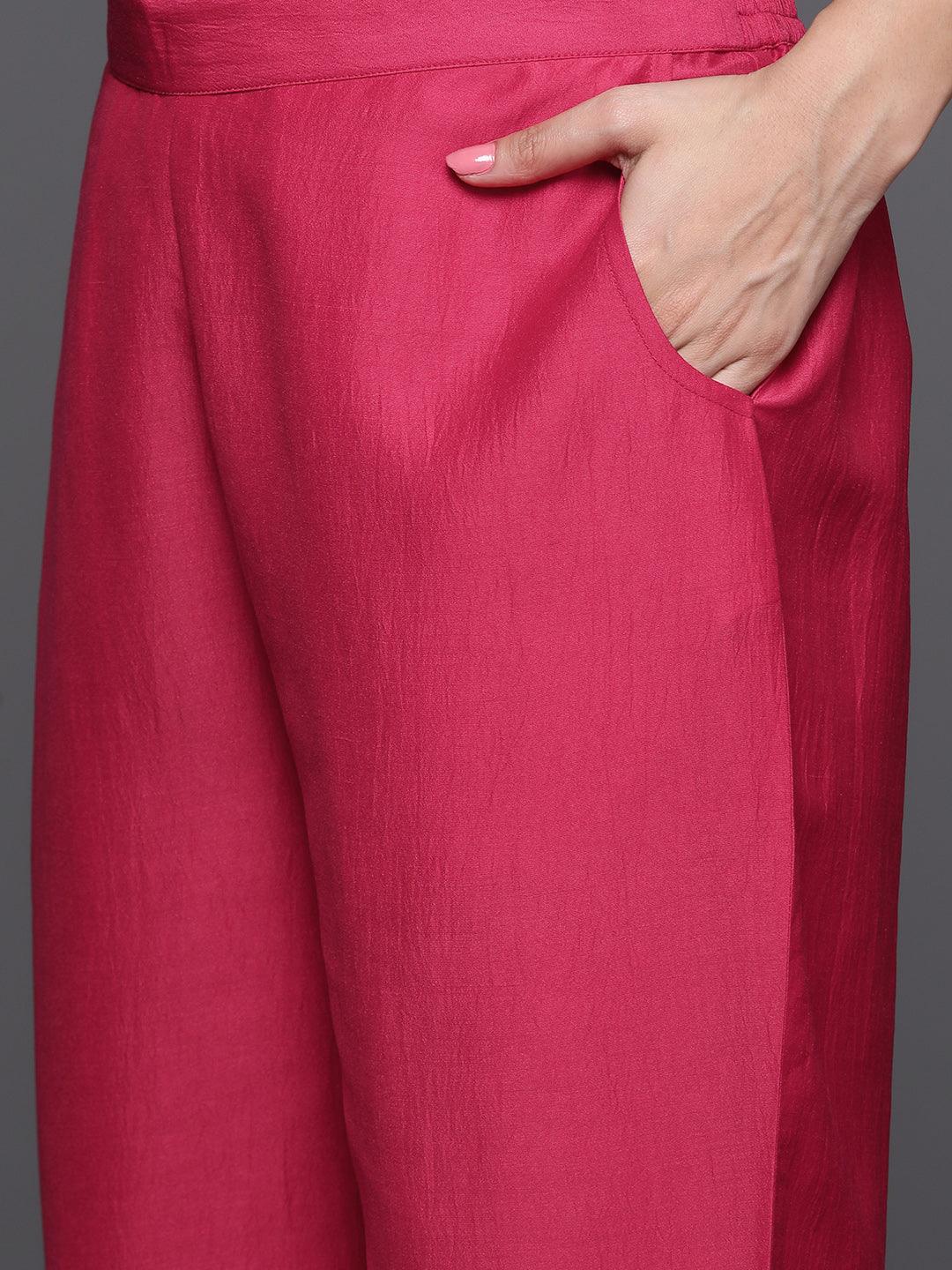 Pink Yoke Design Silk Blend Straight Kurta With Trousers & Dupatta - ShopLibas