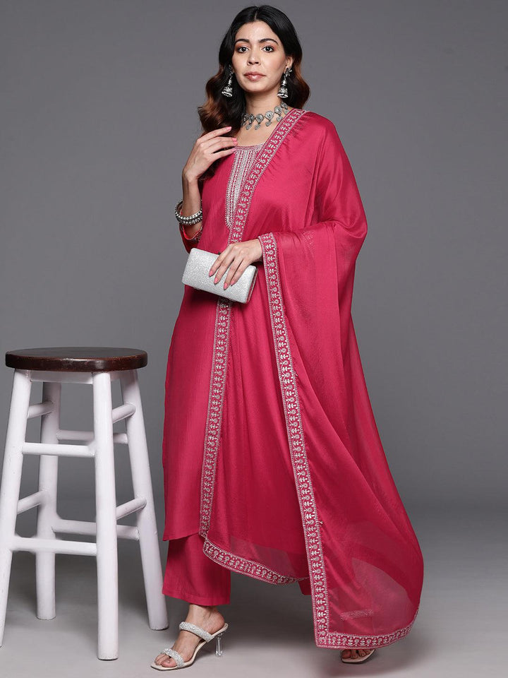 Pink Yoke Design Silk Blend Straight Kurta With Trousers & Dupatta - ShopLibas