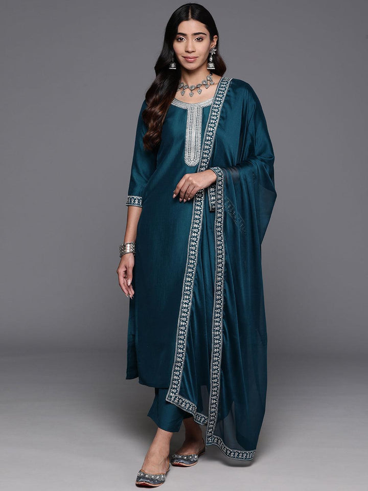 Teal Yoke Design Silk Blend Straight Kurta With Trousers & Dupatta - ShopLibas