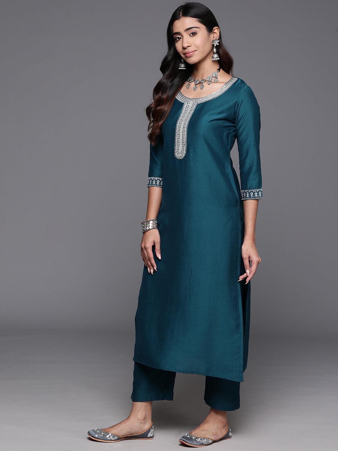 Teal Yoke Design Silk Blend Straight Kurta With Trousers & Dupatta - ShopLibas