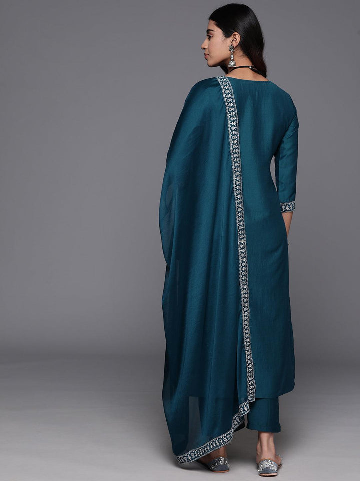 Teal Yoke Design Silk Blend Straight Kurta With Trousers & Dupatta - ShopLibas