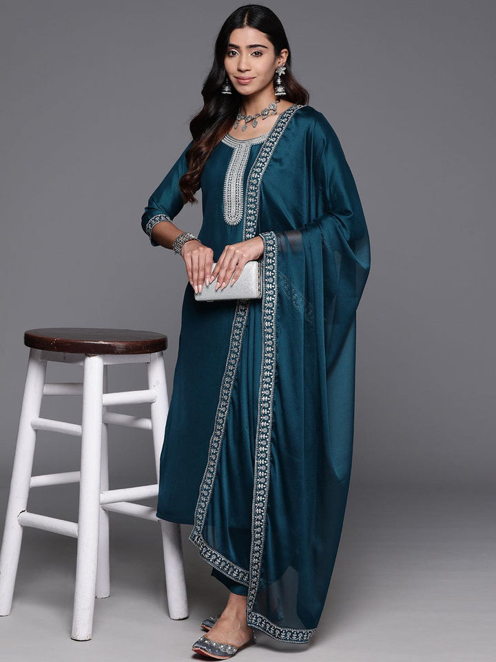 Teal Yoke Design Silk Blend Straight Kurta With Trousers & Dupatta - ShopLibas