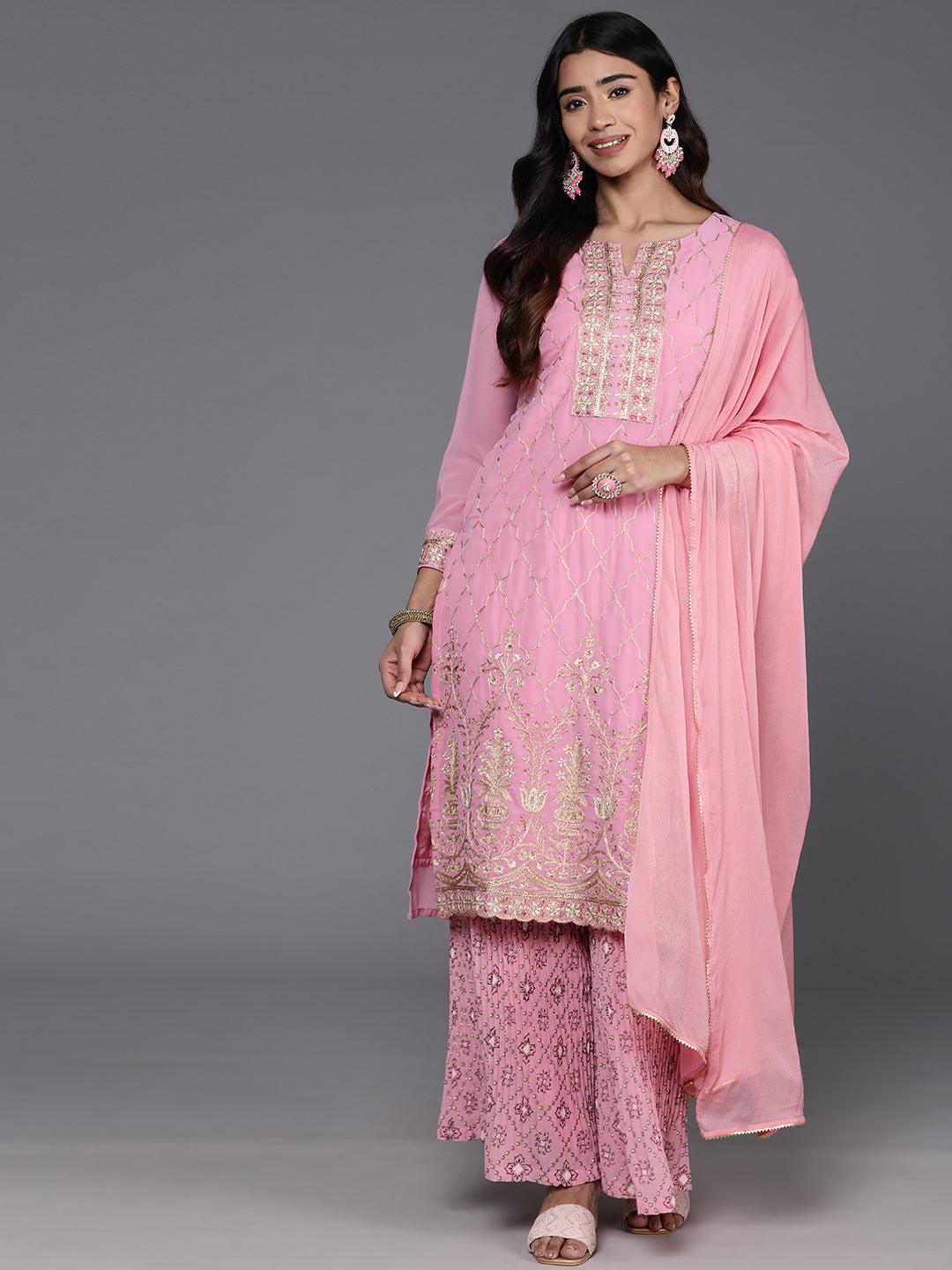 Pink Embroidered Georgette Straight Suit With Dupatta