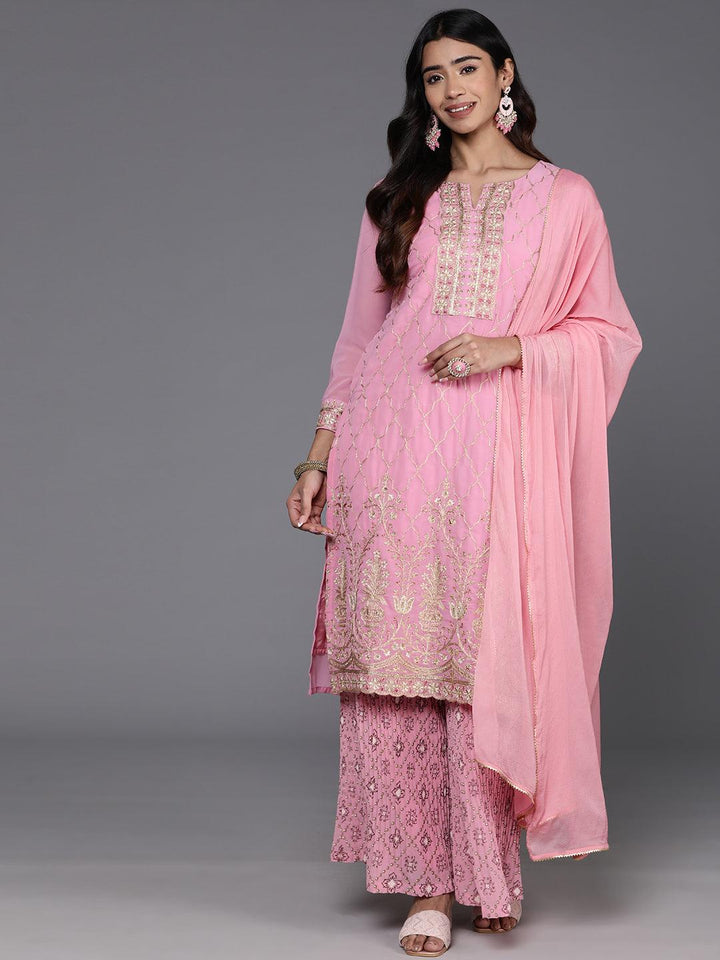 Pink Embroidered Georgette Straight Kurta With Palazzos & Dupatta - ShopLibas