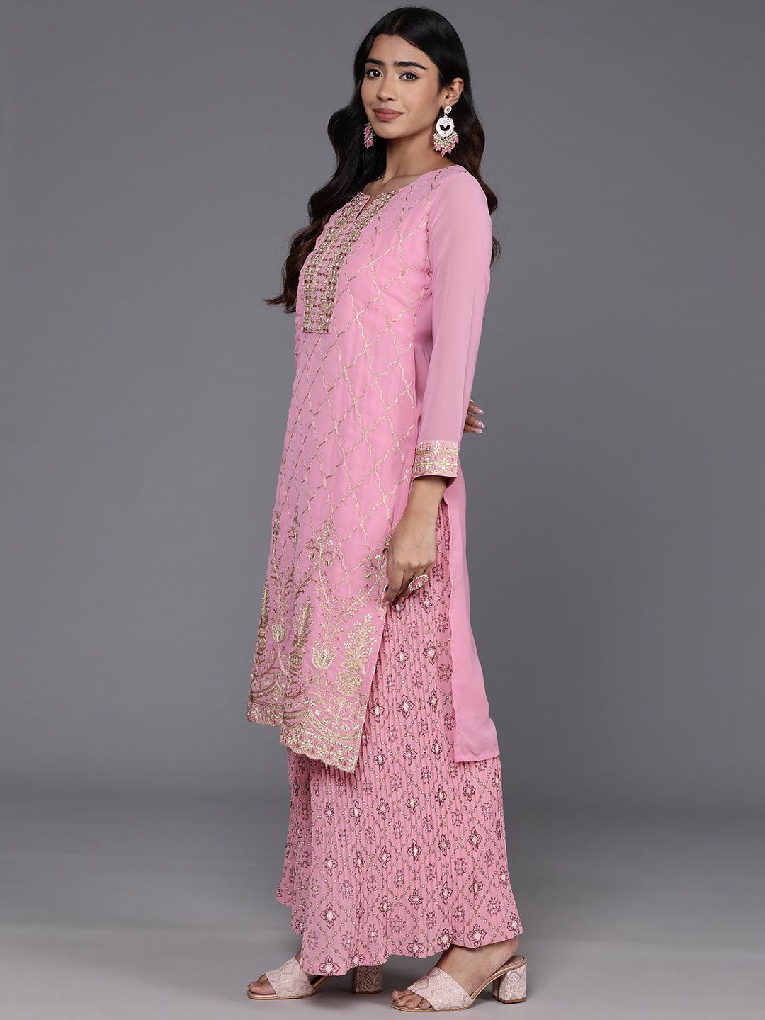 Pink Embroidered Georgette Straight Suit With Dupatta