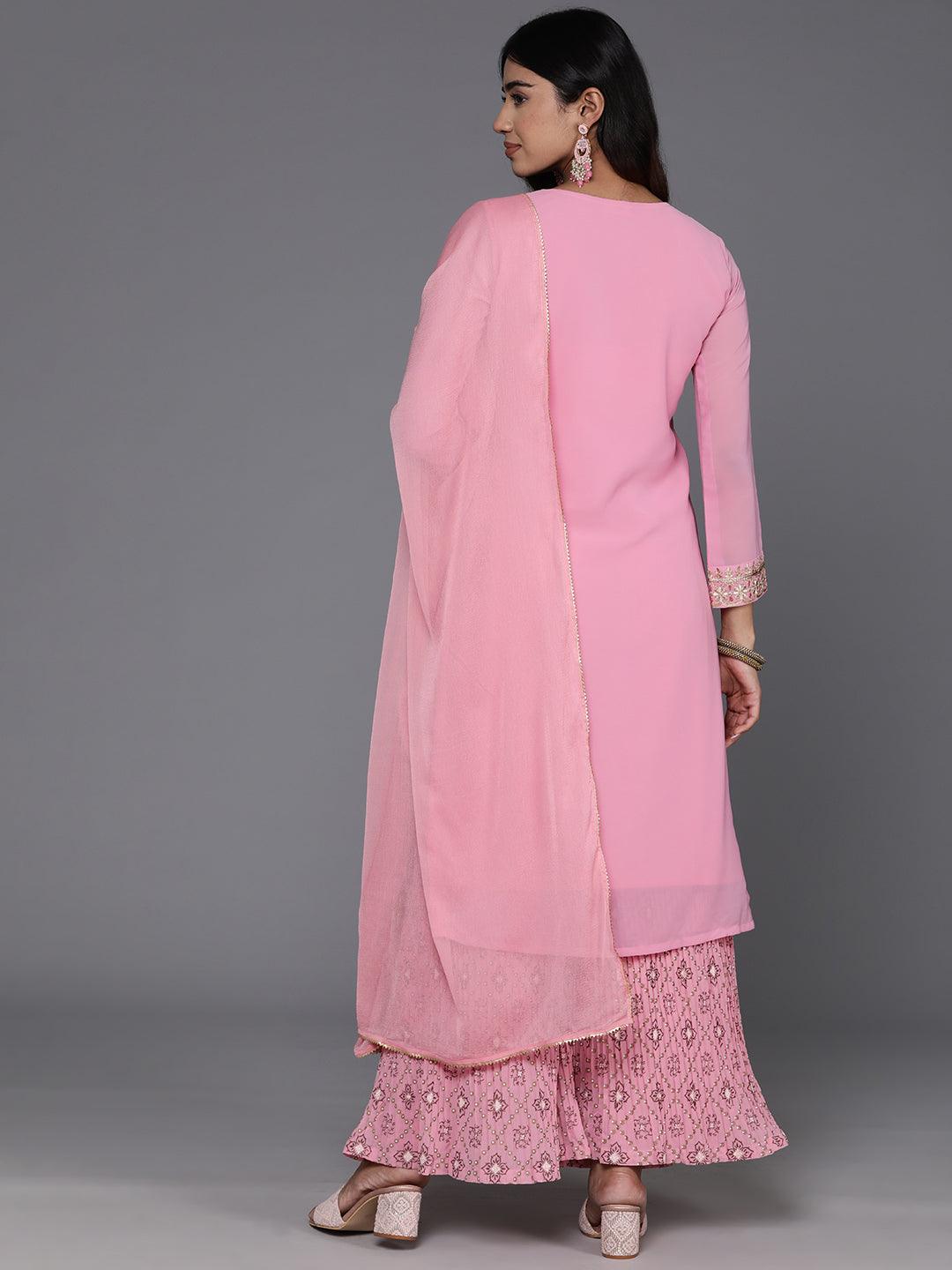 Pink Embroidered Georgette Straight Suit With Dupatta