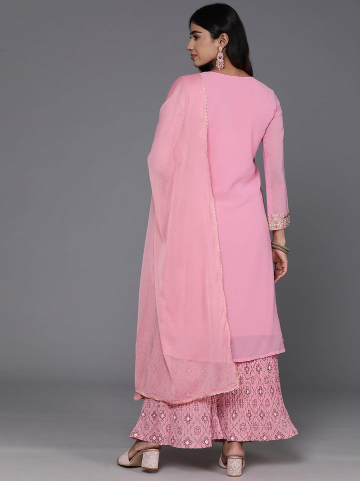 Pink Embroidered Georgette Straight Kurta With Palazzos & Dupatta - ShopLibas