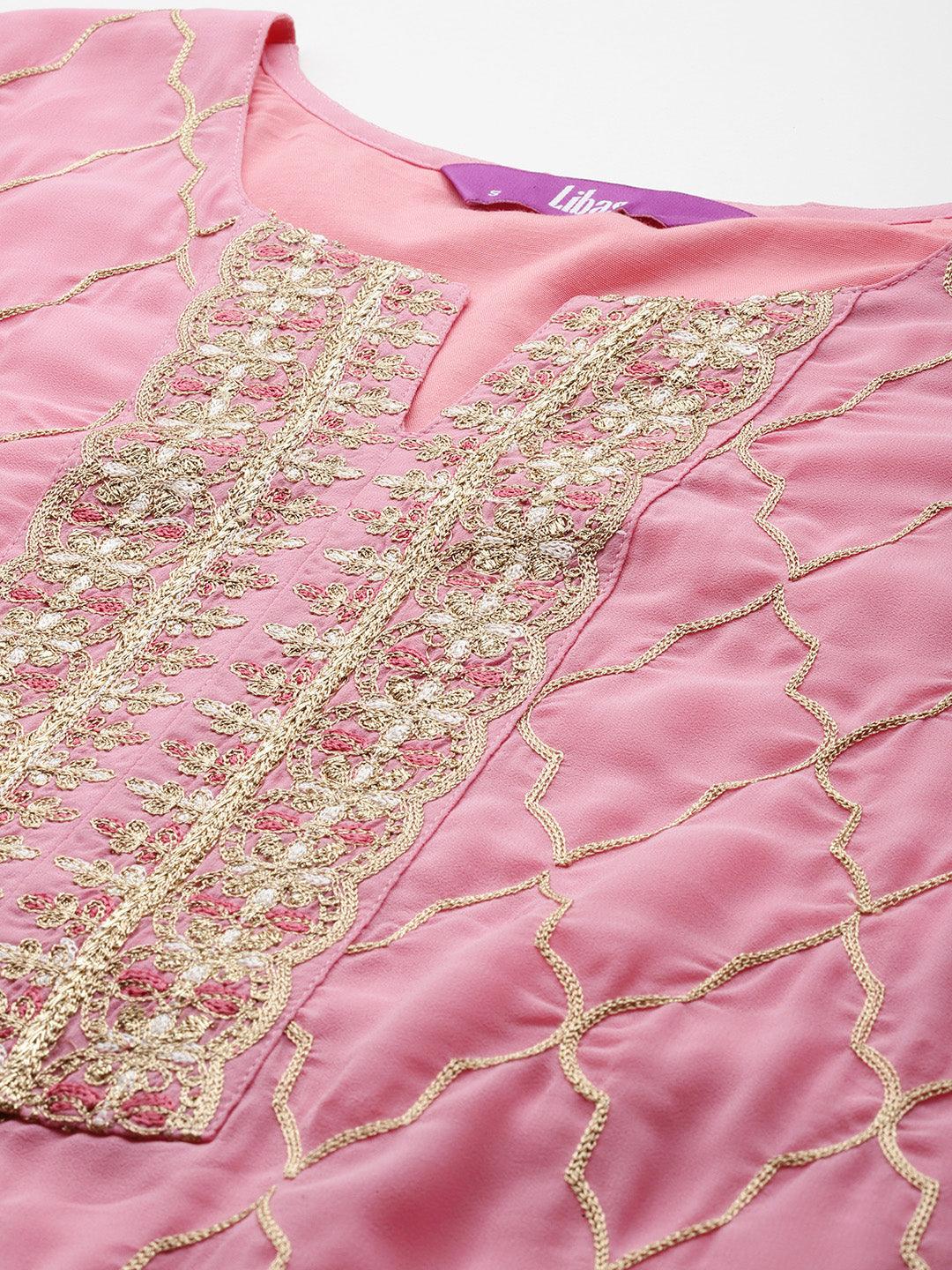 Pink Embroidered Georgette Straight Suit With Dupatta