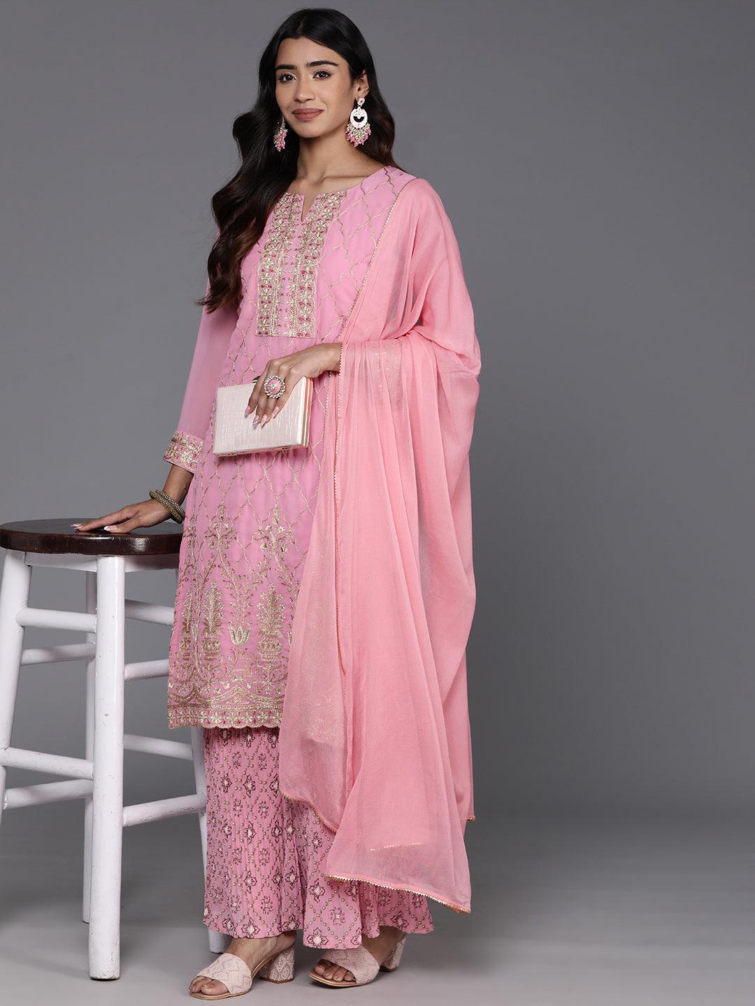 Pink Embroidered Georgette Straight Suit With Dupatta