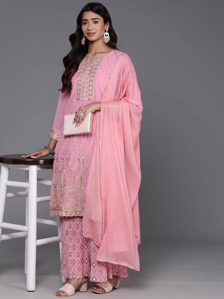 Pink Embroidered Georgette Straight Kurta With Palazzos & Dupatta - ShopLibas