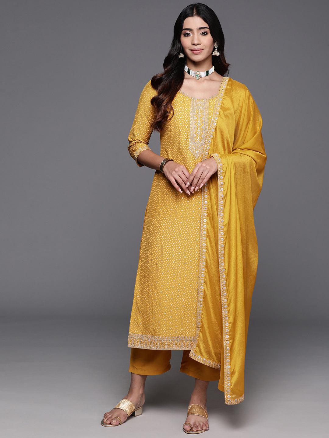 Mustard Yoke Design Silk Blend Straight Suit With Dupatta