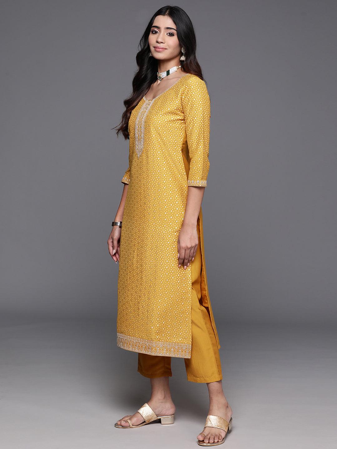 Mustard Yoke Design Silk Blend Straight Suit With Dupatta