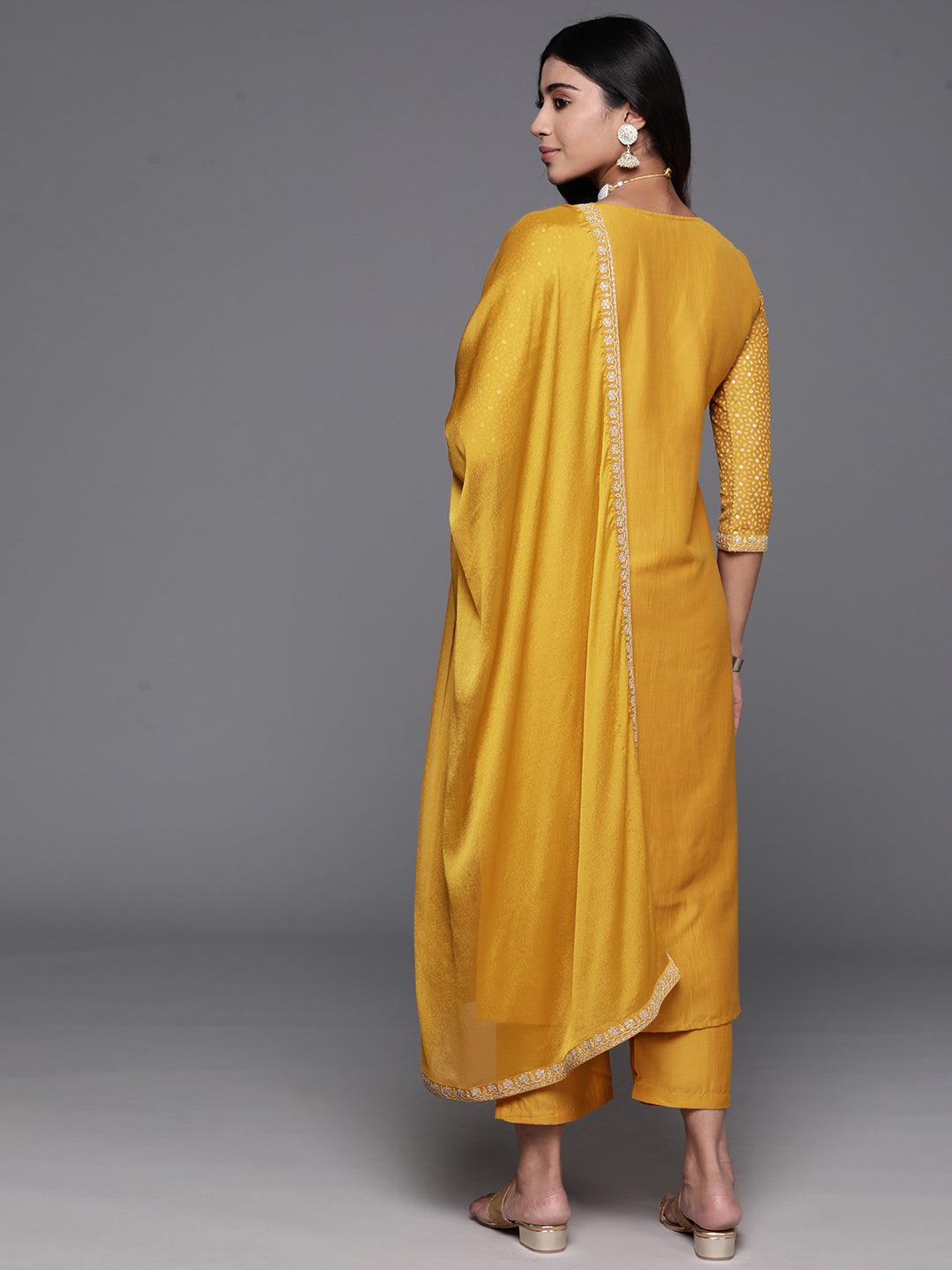 Mustard Yoke Design Silk Blend Straight Kurta With Trousers & Dupatta - ShopLibas