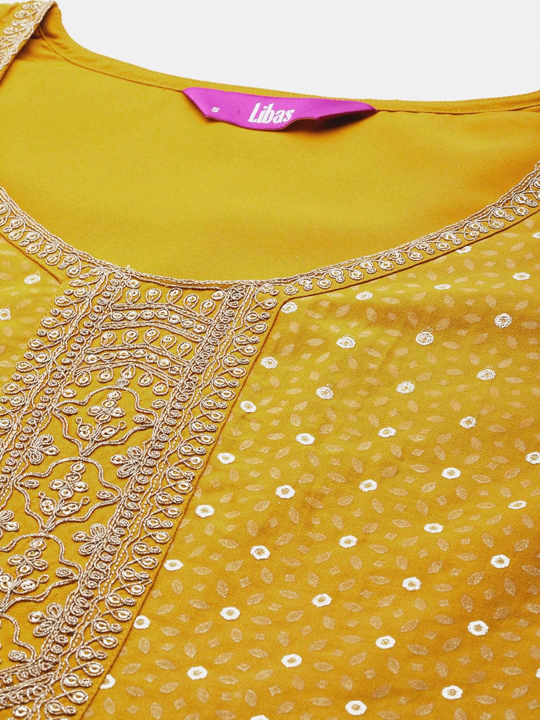 Mustard Yoke Design Silk Blend Straight Suit With Dupatta