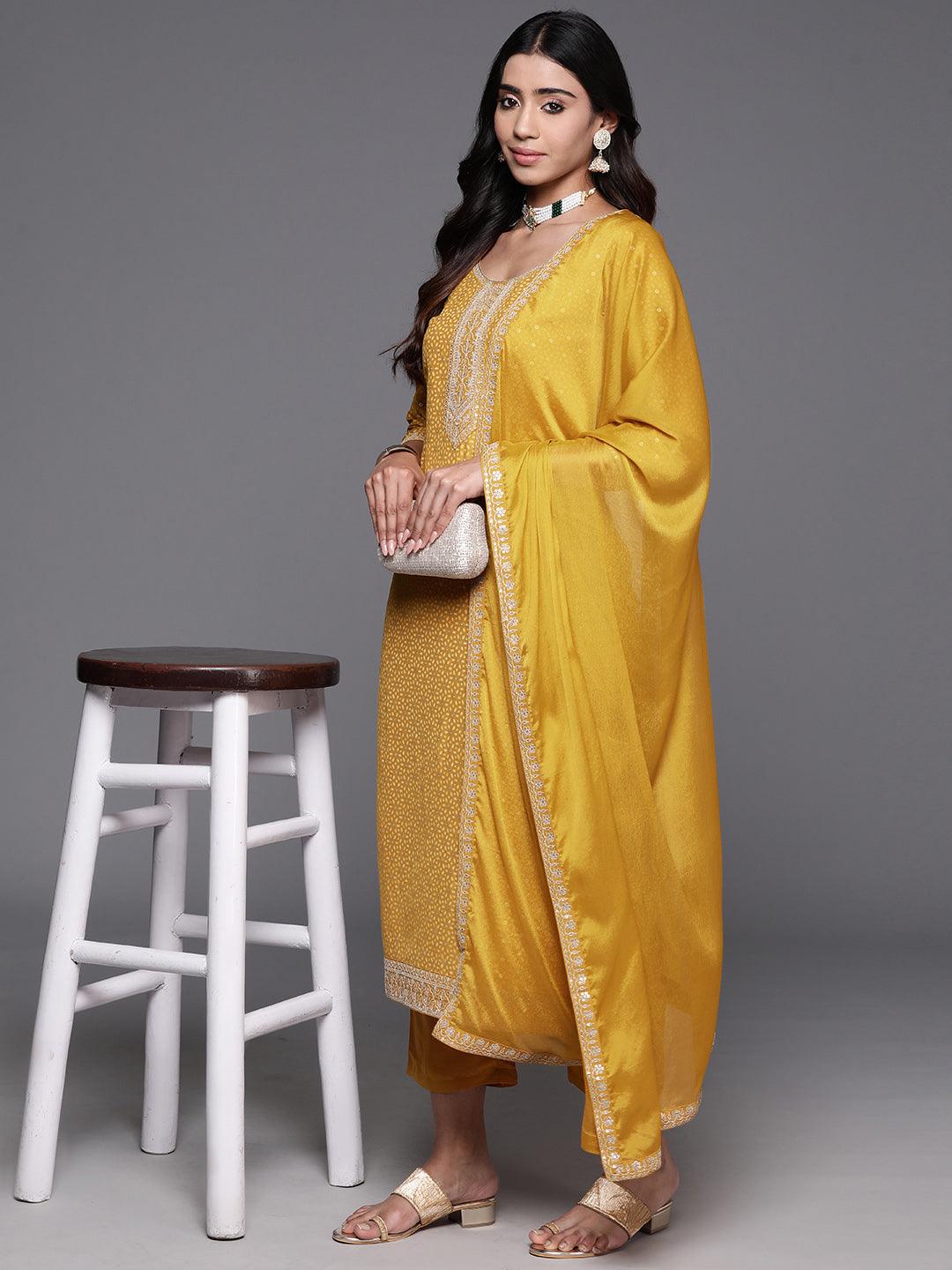 Mustard Yoke Design Silk Blend Straight Suit With Dupatta