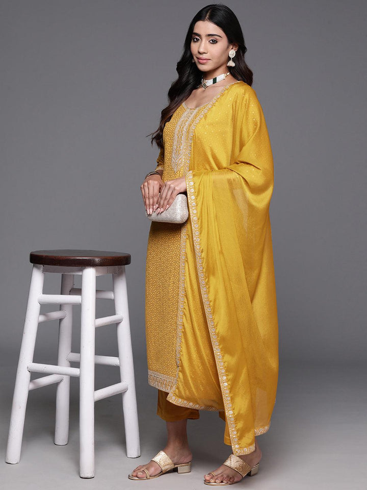 Mustard Yoke Design Silk Blend Straight Kurta With Trousers & Dupatta - ShopLibas