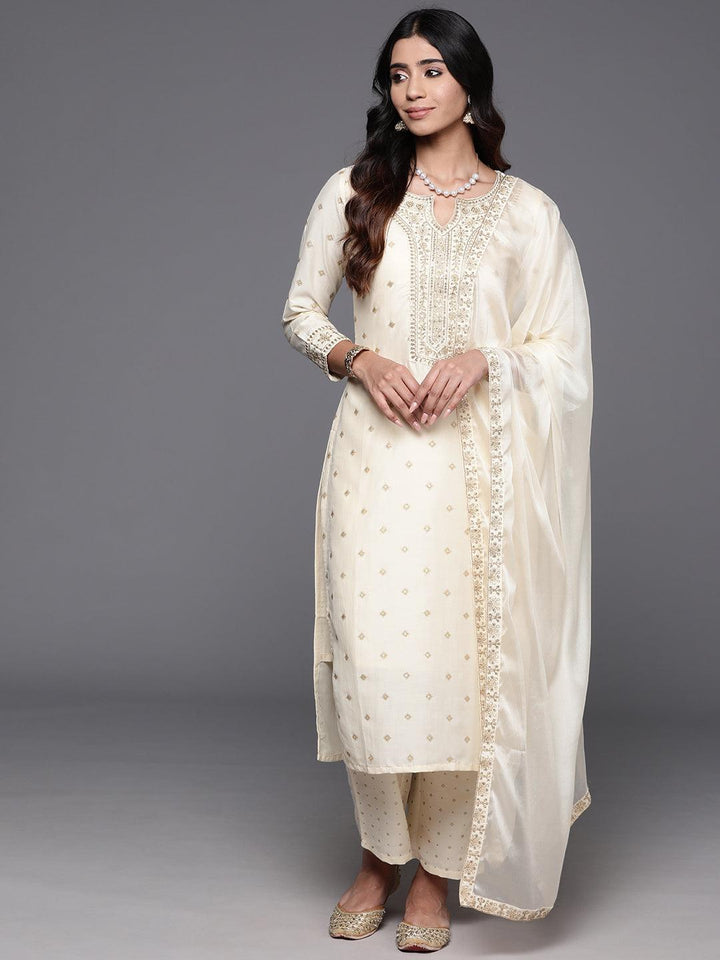 Off White Woven Design Silk Blend Straight Kurta With Trousers & Dupatta - ShopLibas