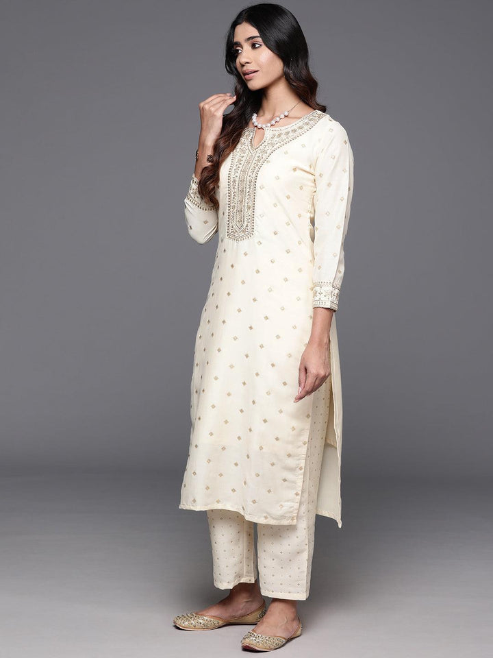 Off White Woven Design Silk Blend Straight Kurta With Trousers & Dupatta - ShopLibas