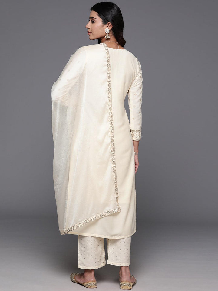 Off White Woven Design Silk Blend Straight Kurta With Trousers & Dupatta - ShopLibas