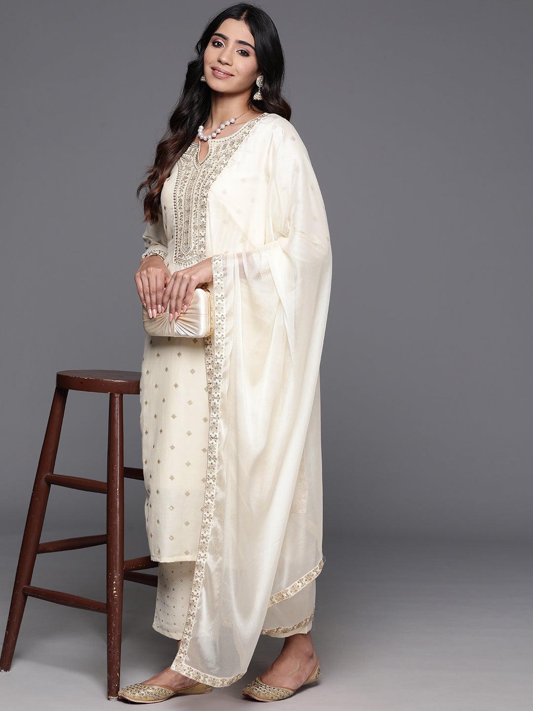 Off White Woven Design Silk Blend Straight Kurta With Trousers & Dupatta - ShopLibas