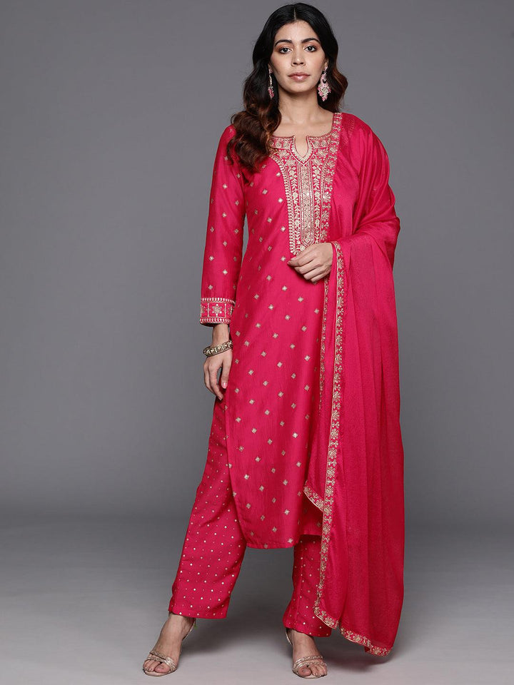 Pink Woven Design Silk Blend Straight Kurta With Trousers & Dupatta - ShopLibas